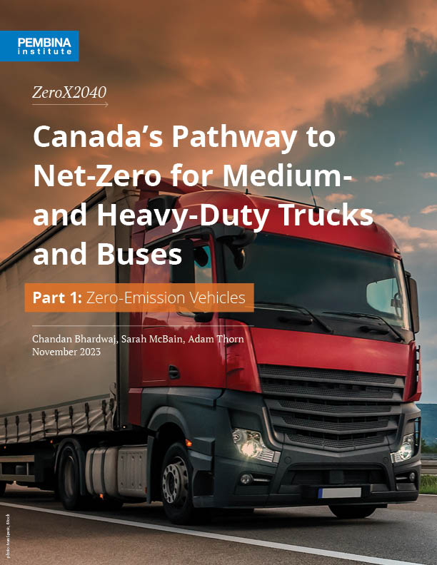 Cover of Canada's Pathways to net-zero for medium and heavy-duty trucks and buses, with image of truck on highway