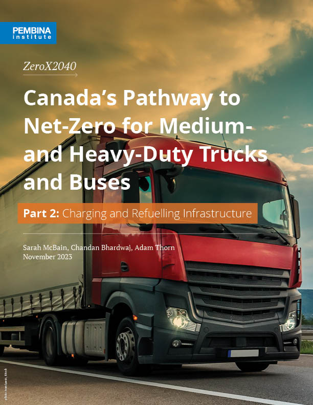 Cover of Canada's Pathways to net-zero for medium and heavy-duty trucks and buses, with image of truck on highway