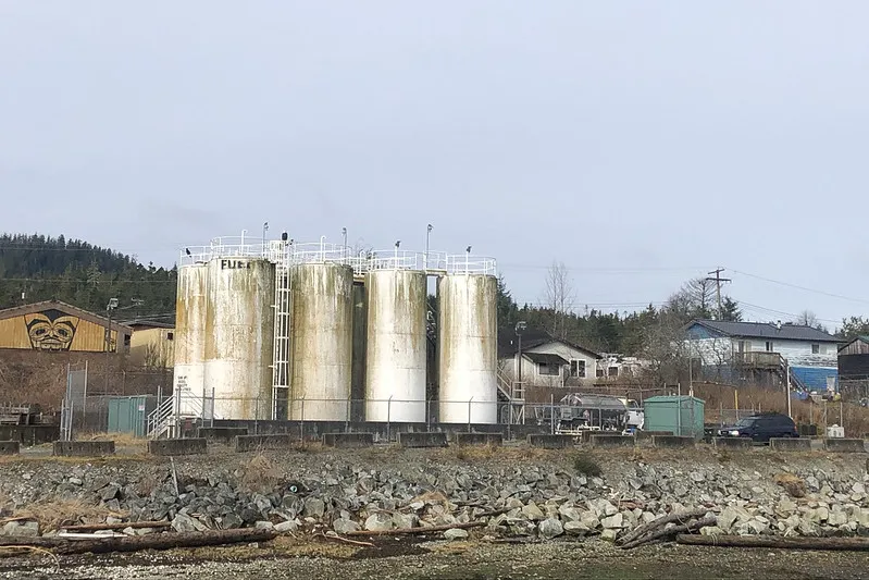 Diesel fuel tanks storing fuel for heating and transportation in Bella Bella, B.C.