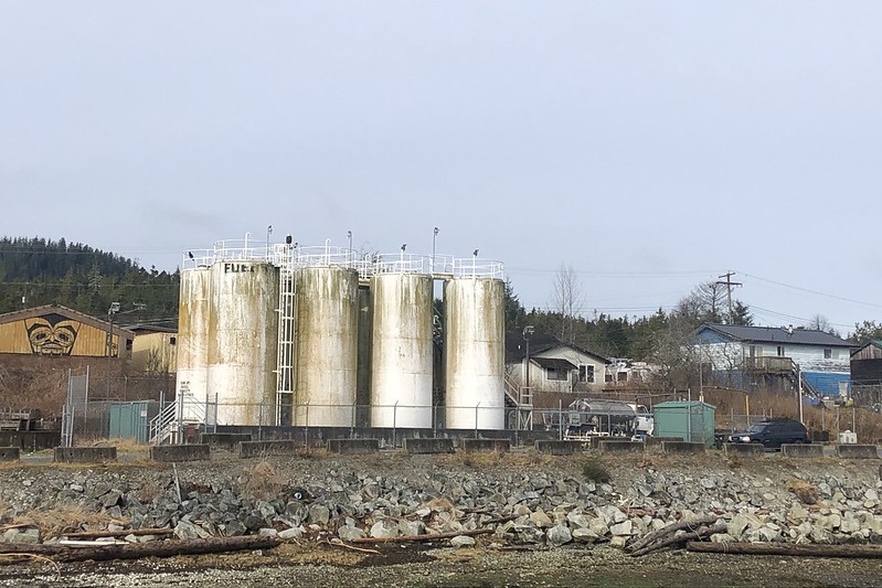 Diesel fuel tanks storing fuel for heating and transportation in Bella Bella, B.C.