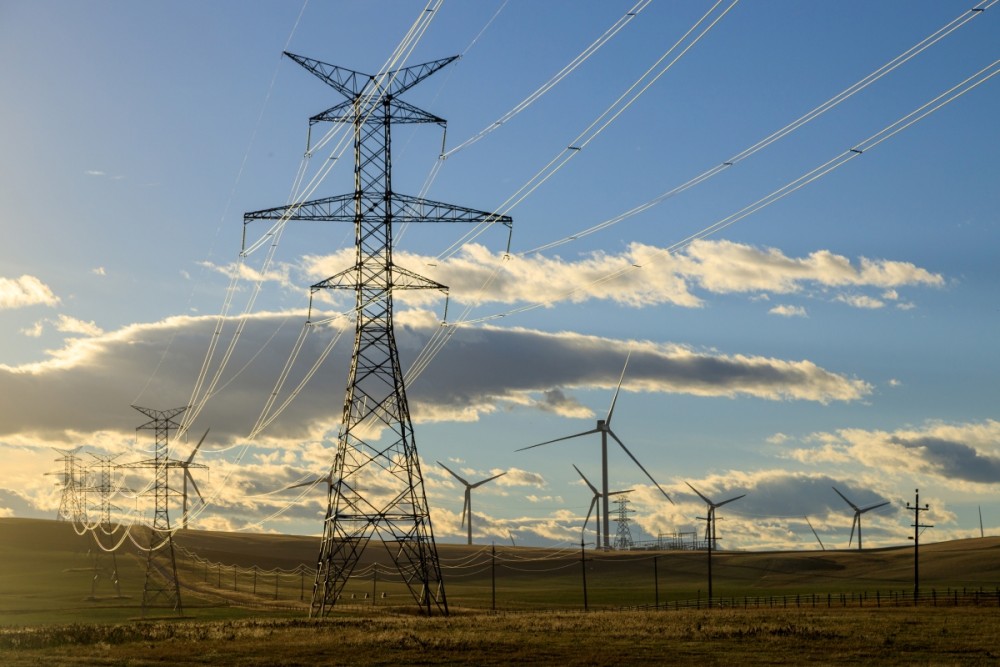 Electricity transmission in the prairies in Alberta, Canada.