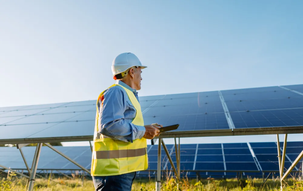 Worker in hi-vis clothing and hard hat checking a table while looking at solar panels mounted in a field