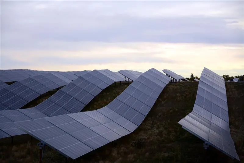 Solar panels on a field at dusk in Innisfail, AB. 