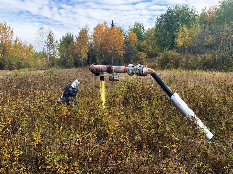 An orphan well in a field with fall colours, in Athabasca Country, AB