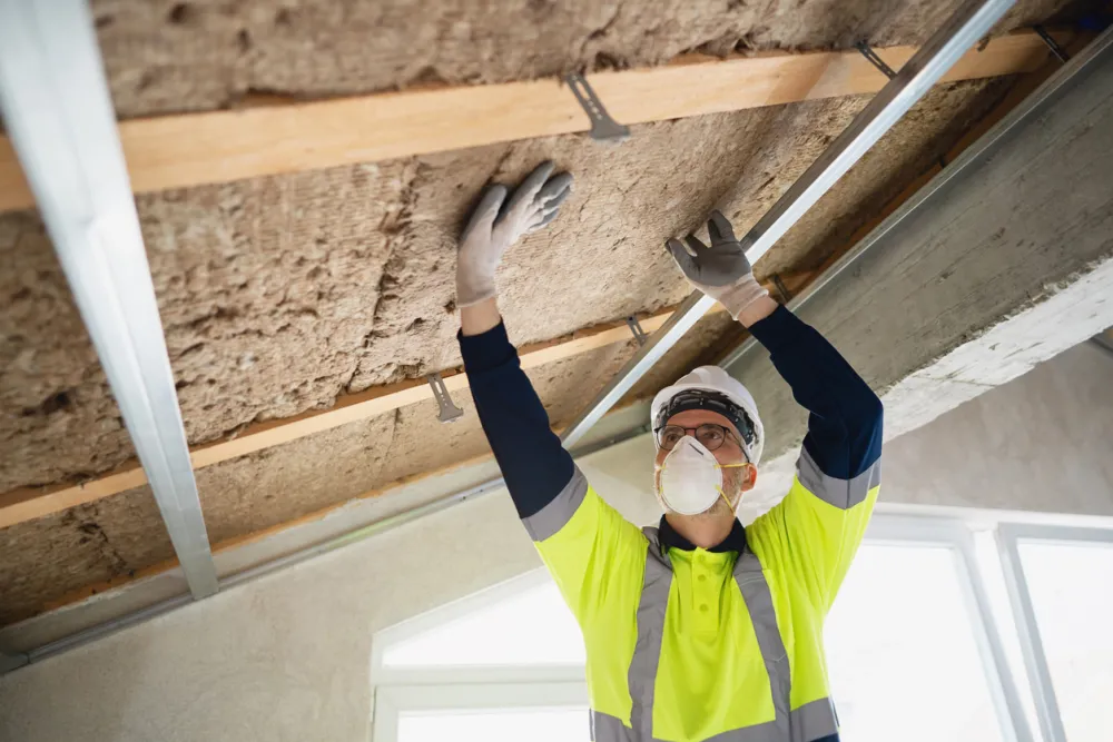 Construction worker securing mineral wool insulation under a ceiling framework to enhance thermal efficiency and energy conservation