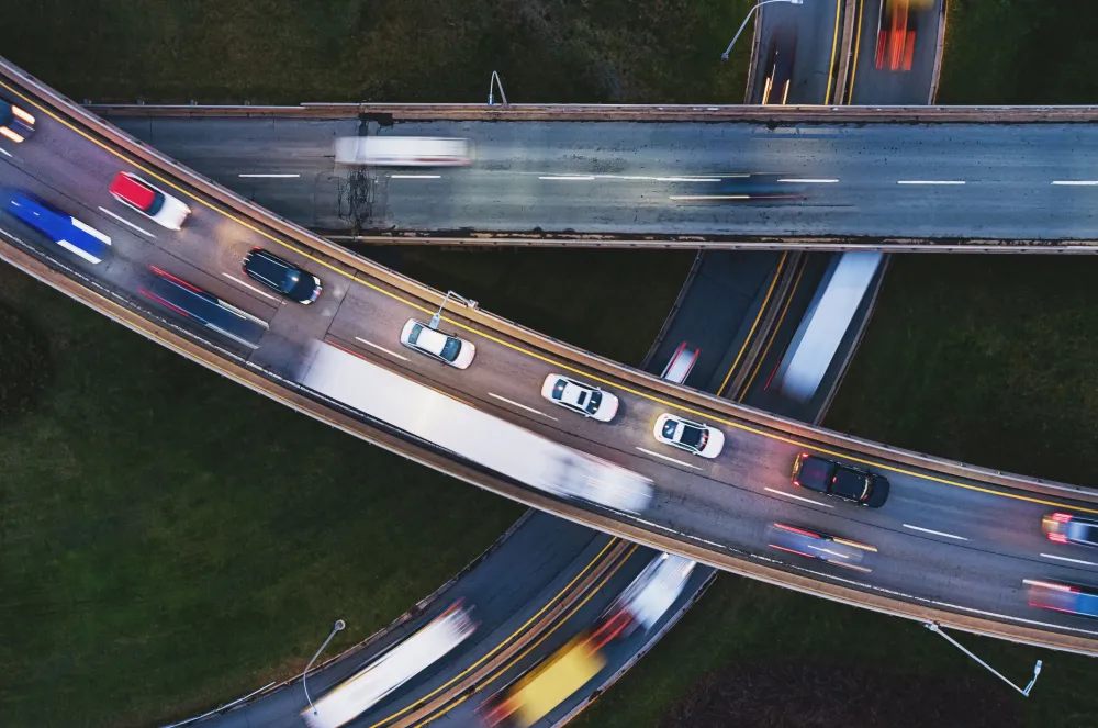 Aerial view of rush hour traffic on a November evening