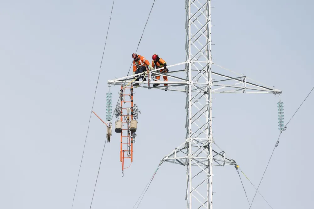 Workers maintaining transmission lines