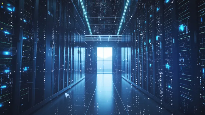 AI data centre corridor with server racks on both sides