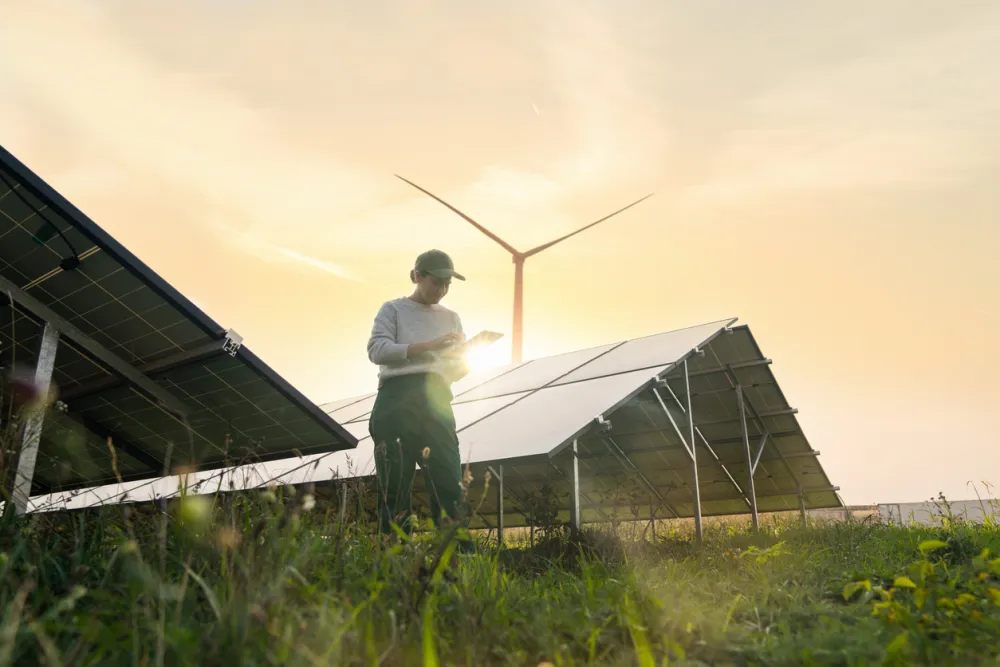 Construction worker standing in front of solar panels and wind turbine