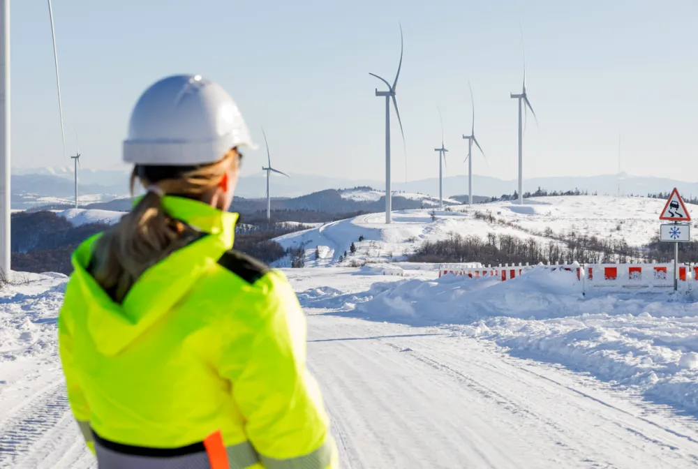 Engineer looking at wind turbines in the snowy distance