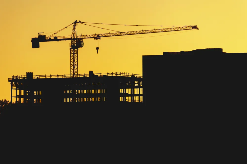 A crane is silhouetted during sunset