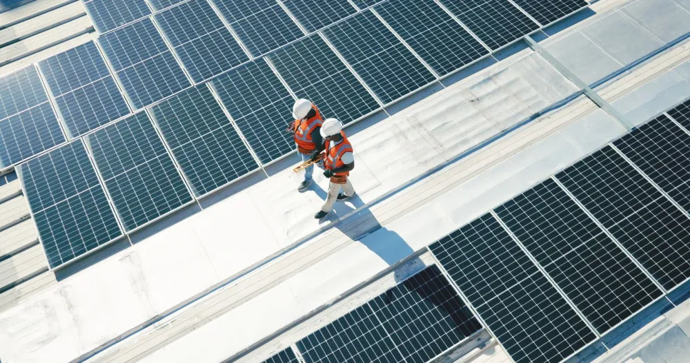 Team inspecting solar panels on a commercial building rooftop.