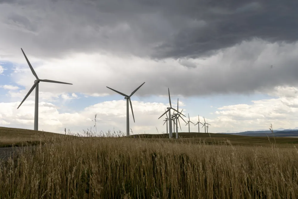 Windmills in a field with storm clouds rolling in