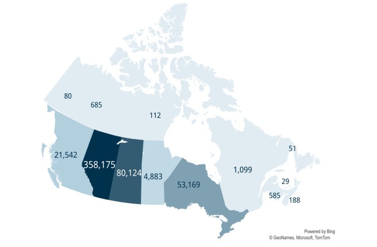 A map showing the estimated number of non-producing wells across Canada by province