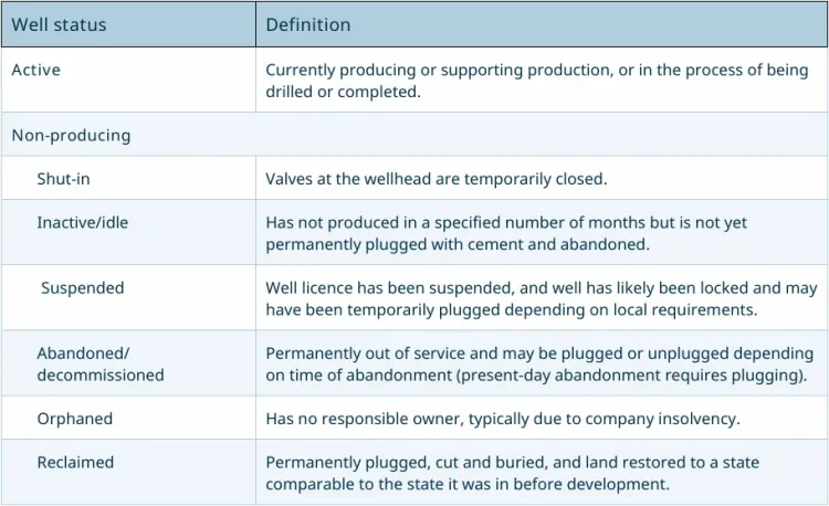 A table describing the different defined well statuses