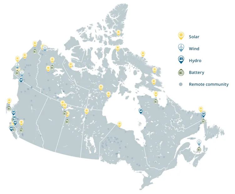 Map of remote communities in Canada and renewable energy projects