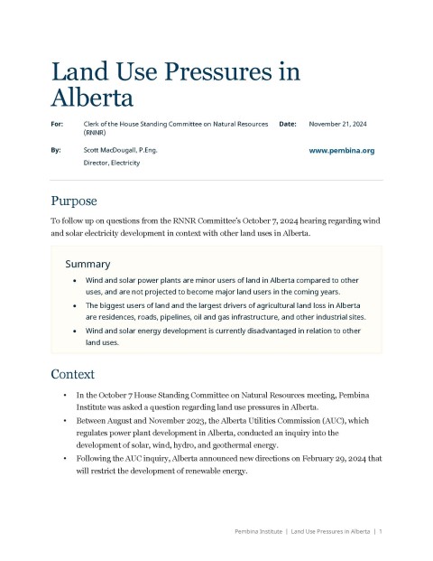 Cover page of briefing note "Land Use Pressures in Alberta"