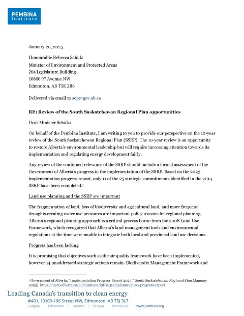 First page of letter to Minister Schulz on the 10-year review of the South Saskatchewan Region plan