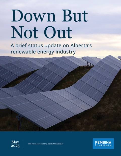 The report's front cover, featuring a photo of solar panels in a field at dusk. The picture is of the Innisfail solar project in Alberta. 