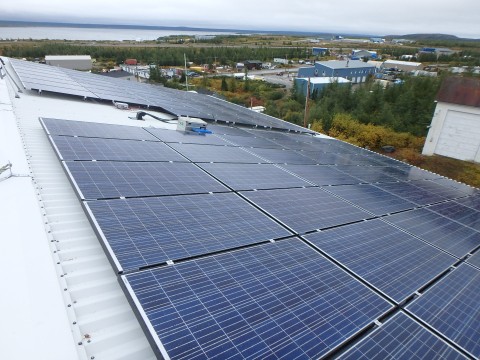 Solar panels on a roof in Kuujjuaq, Quebec