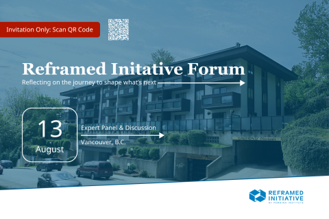 Event banner for the Reframed Initiative Forum with QR code for RSVP