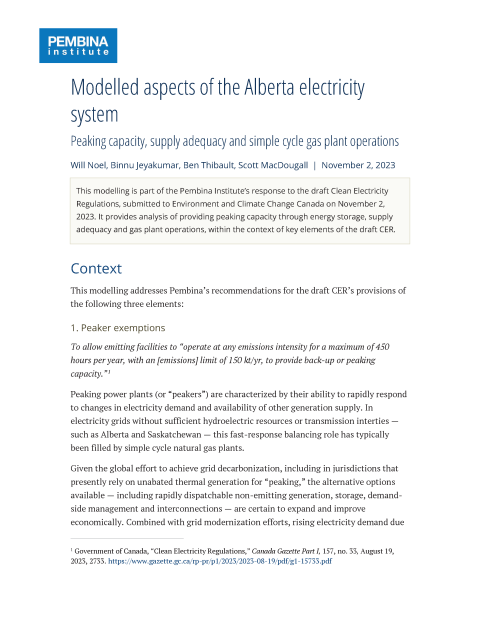 Cover of Pembina's submission to draft Clean Electricity Regulations technical backgrounder