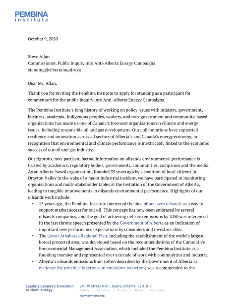 first page of letter to Public Inquiry into Anti-Alberta Energy Campaigns