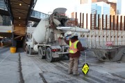 Construction site in Downtown Toronto directing traffic around the site