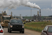Traffic on road to oilsands refinery. 