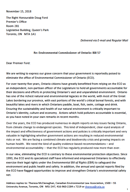 Open Letter to Premier Ford Re: ECO