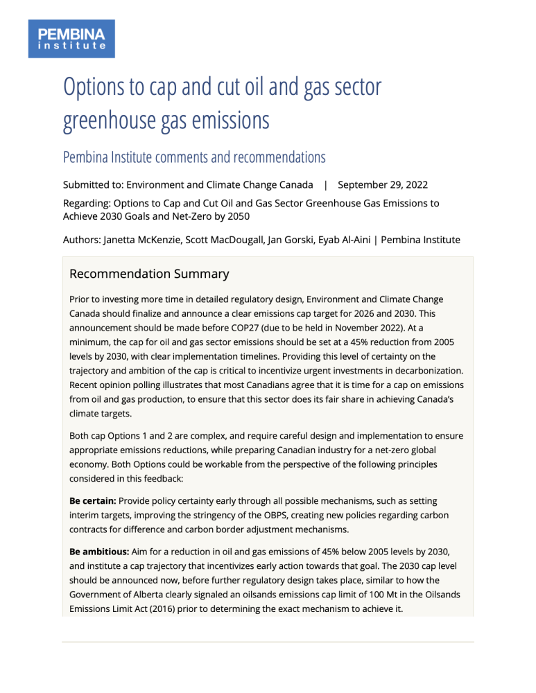Options to cap and cut oil and gas sector greenhouse gas emissions ...