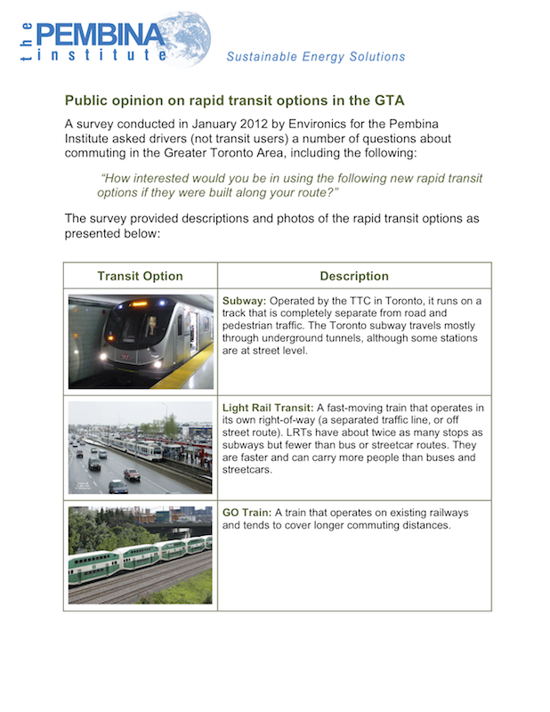 Public opinion on rapid transit options in the GTA Pembina Institute Public opinion on rapid transit options in the GTA Pembina Institute